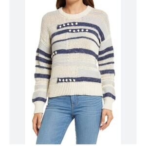 Madewell Grandover Pullover Bobble Sweater Heather Denim $98 Pom Pom Geometric M